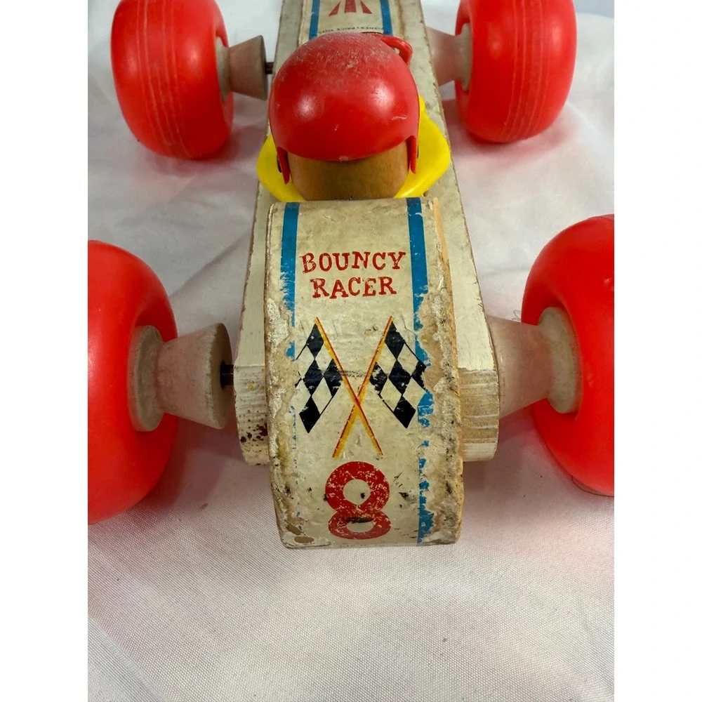 Vintage Fisher Price Bouncy Racer 8 Wooden Pull Toy Race Car 1970s Collectible